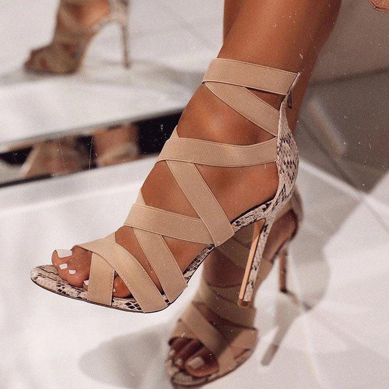 Snake Skin Stiletto Sandals w/Cross Straps in Beige or Black