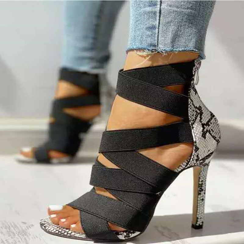 Snake Skin Stiletto Sandals w/Cross Straps in Beige or Black