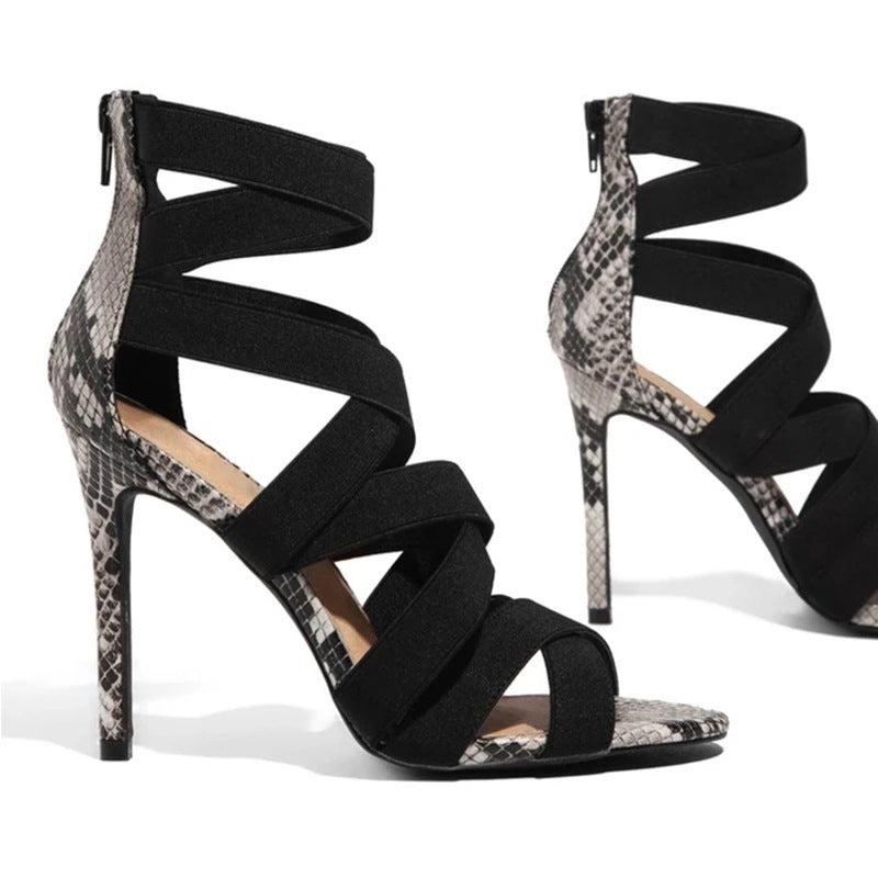 Snake Skin Stiletto Sandals w/Cross Straps in Beige or Black