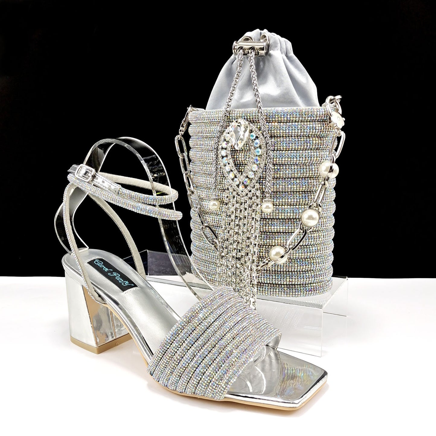 Elegant Pair-Round Embellished Drawstring Bag and Square Toe Chunky Heel Sandals w/Ankle Strap -Perfect for Prom or Weddings