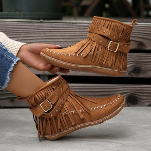 Moccasin Style Booties w/Fringe- Buckle and Side Zipper