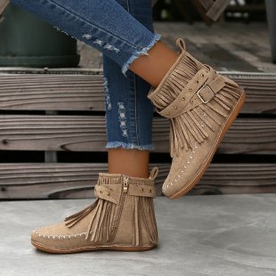 Moccasin Style Booties w/Fringe- Buckle and Side Zipper