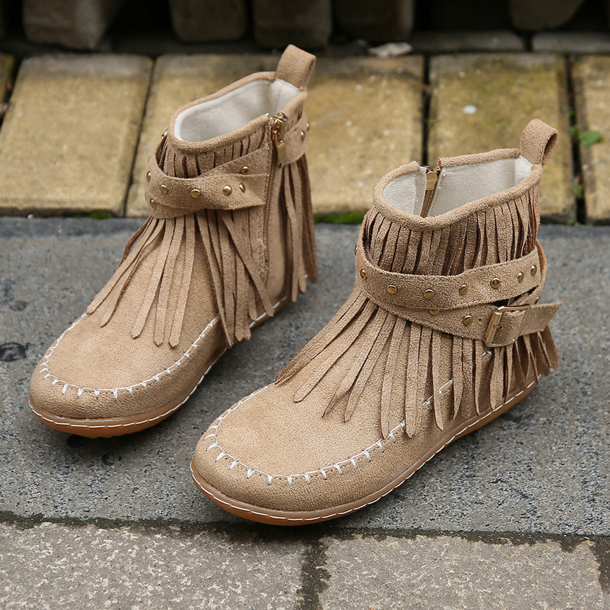 Moccasin Style Booties w/Fringe- Buckle and Side Zipper