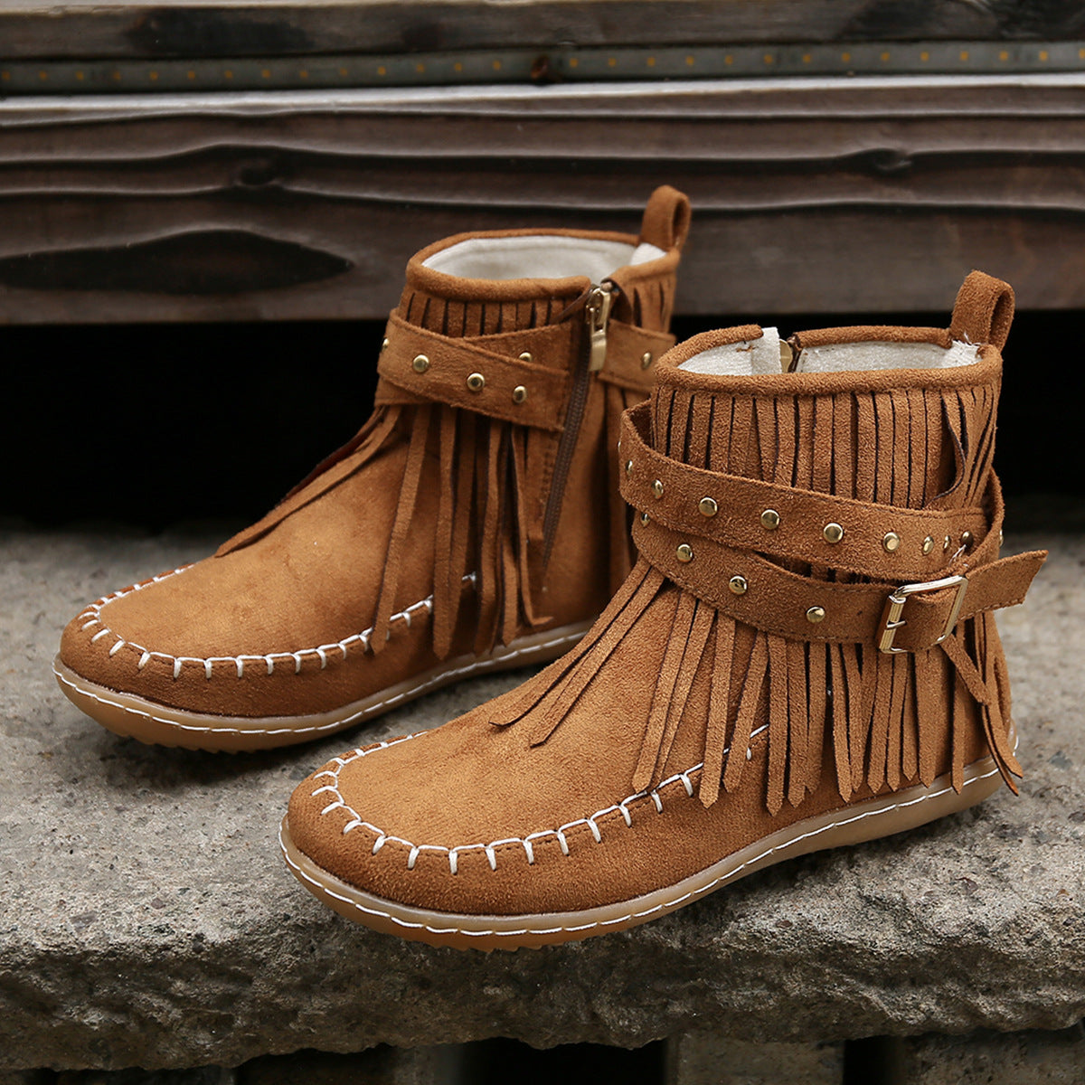 Moccasin Style Booties w/Fringe- Buckle and Side Zipper