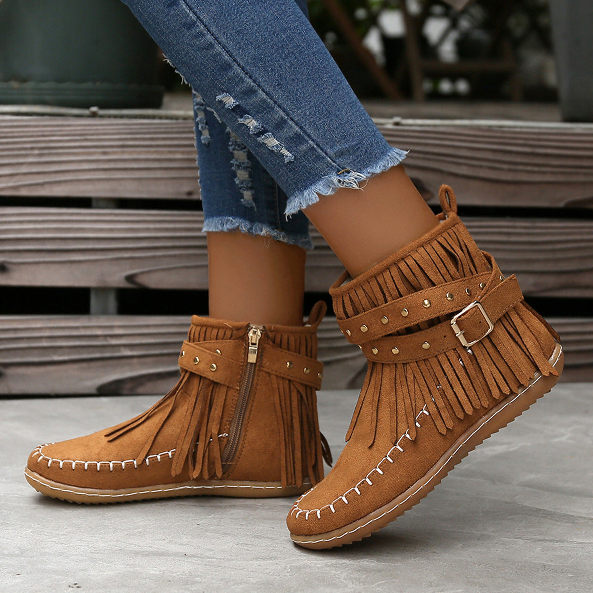 Moccasin Style Booties w/Fringe- Buckle and Side Zipper