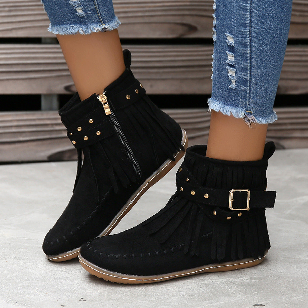 Moccasin Style Booties w/Fringe- Buckle and Side Zipper