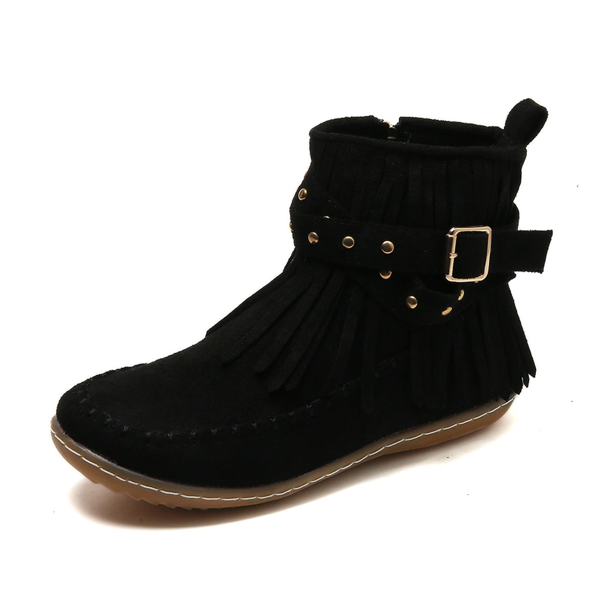 Moccasin Style Booties w/Fringe- Buckle and Side Zipper