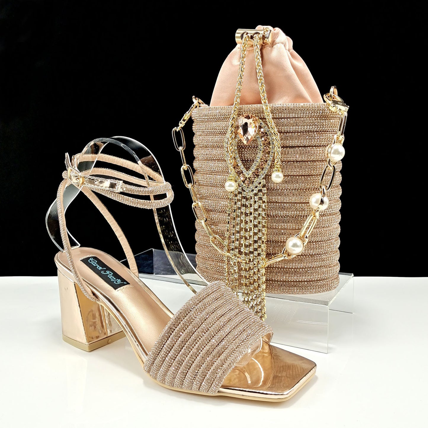 Elegant Pair-Round Embellished Drawstring Bag and Square Toe Chunky Heel Sandals w/Ankle Strap -Perfect for Prom or Weddings