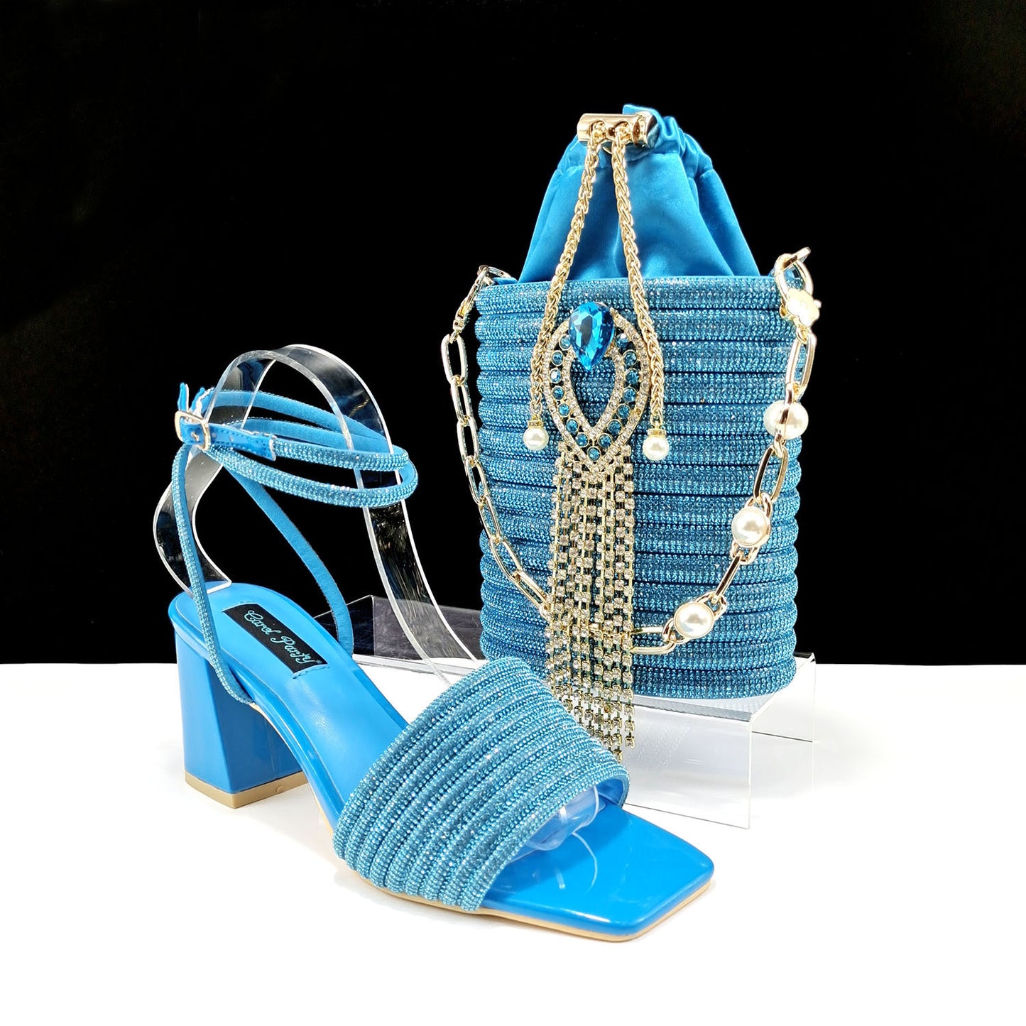 Elegant Pair-Round Embellished Drawstring Bag and Square Toe Chunky Heel Sandals w/Ankle Strap -Perfect for Prom or Weddings